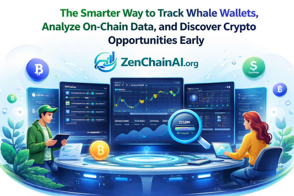 ZenChain AI hero image showing a crypto research dashboard with whale wallet tracking, on-chain analytics, live token data, and smart-money market insights
