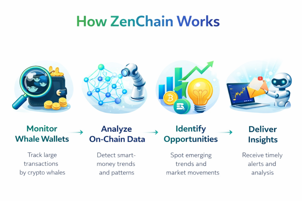 ZenChain AI how it works image showing whale wallet monitoring, on-chain data analysis, opportunity discovery, and crypto market insights in a four-step visual process